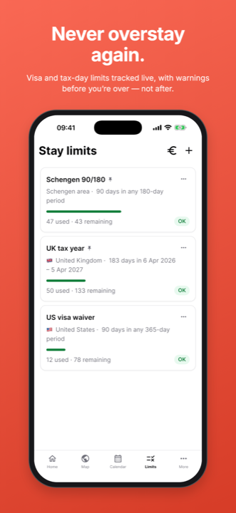 Live visa and tax limit tracking with warnings