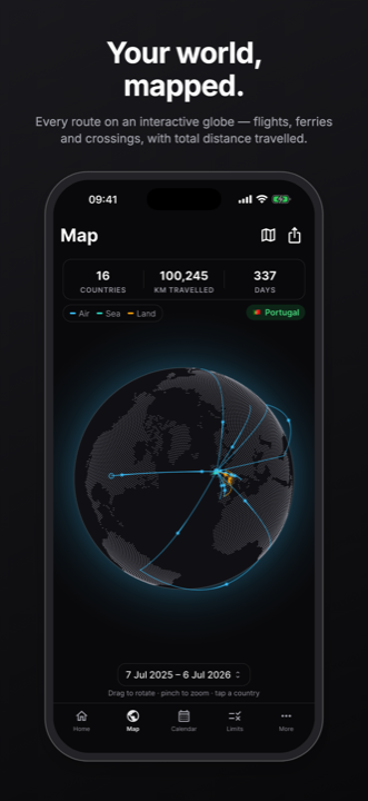 Interactive globe with travel routes and distance travelled